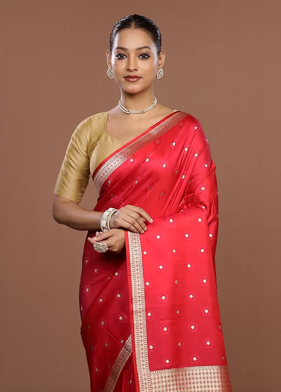 Red Katan Silk Saree With Blouse Piece One Size