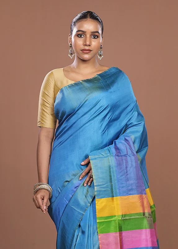 Multicolor Printed Pure Silk Saree Without Blouse Piece One Size