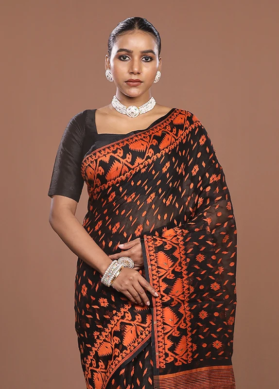 Black Jamdani Cotton Saree Without Blouse Piece One Size