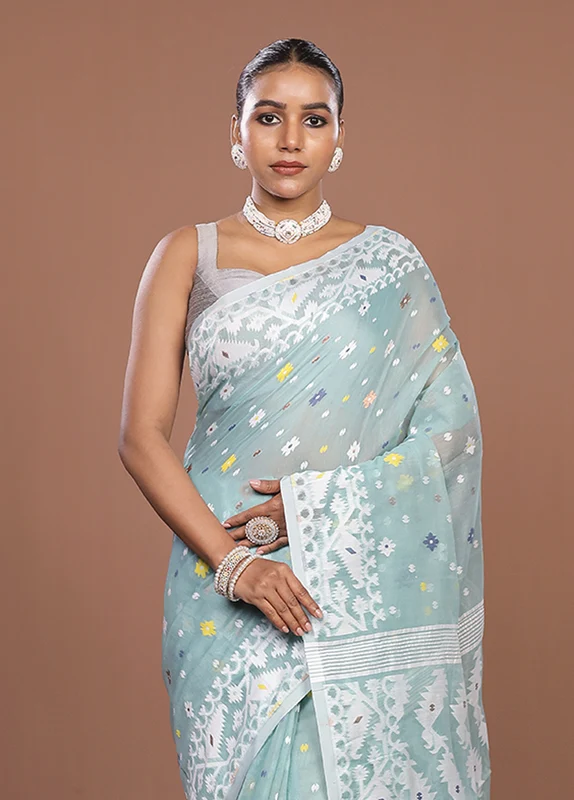 Green Jamdani Cotton Saree Without Blouse Piece One Size