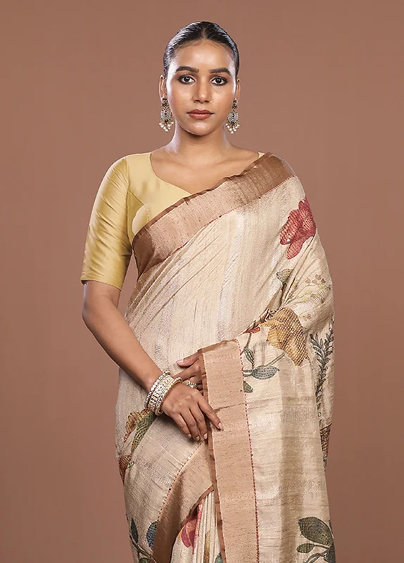 Cream Tussar Silk Saree With Blouse Piece One Size