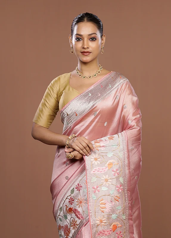 Pink Organza Saree With Blouse Piece One Size