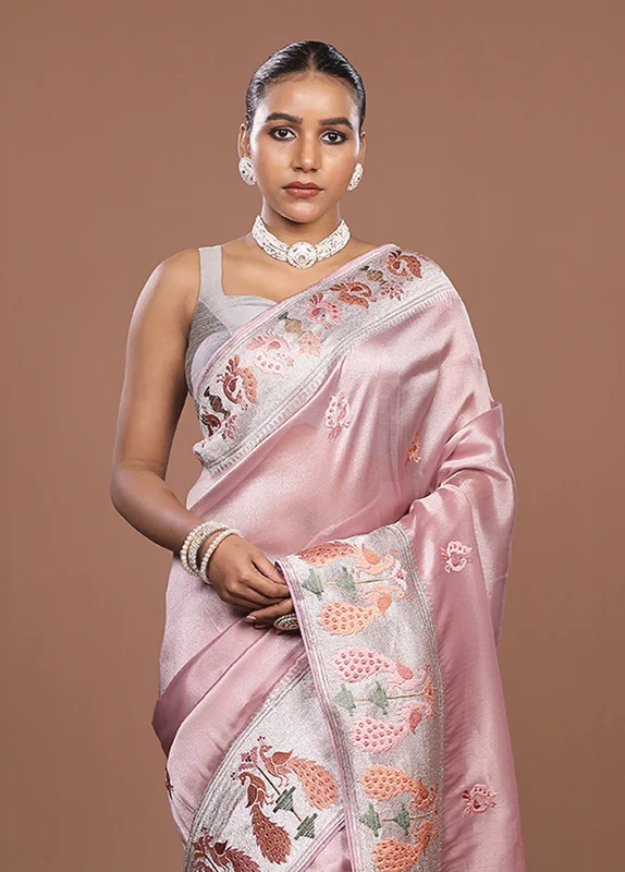 Pink Organza Saree With Blouse Piece One Size