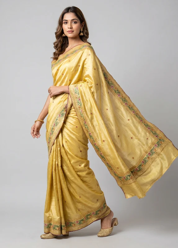 Cream Tussar Silk Saree With Blouse Piece One Size