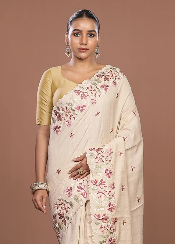 Cream Tussar Silk Saree With Blouse Piece One Size