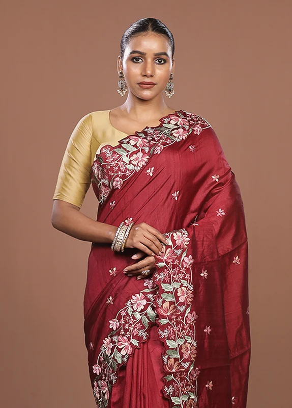 Maroon Tussar Silk Saree With Blouse Piece One Size
