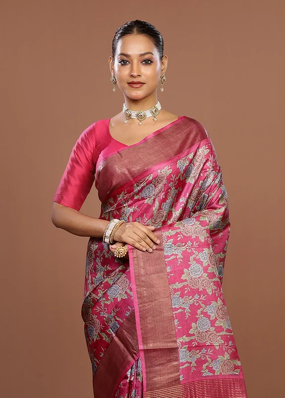 Pink Tussar Silk Saree With Blouse Piece One Size