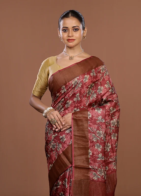 Pink Tussar Silk Saree With Blouse Piece One Size
