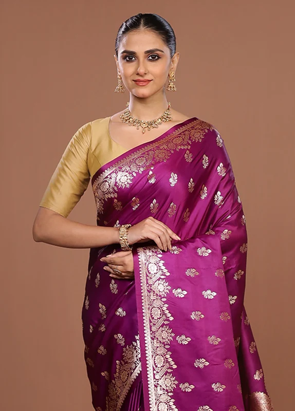 Purple Banarasi Silk Saree With Blouse Piece One Size