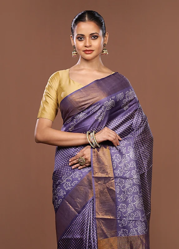 Purple Handloom Tussar Pure Silk Saree With Blouse Piece One Size