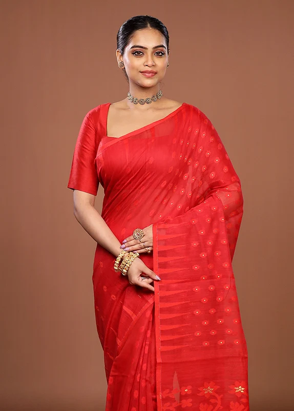 Red Jamdani Cotton Saree Without Blouse Piece One Size