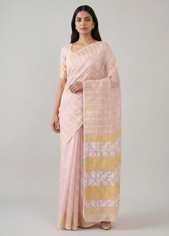 Pink Jamdani Cotton Saree Without Blouse Piece One Size