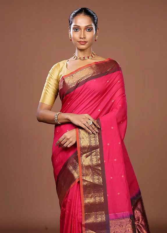 Pink Gadwal Pure Silk Saree Without Blouse Piece One Size