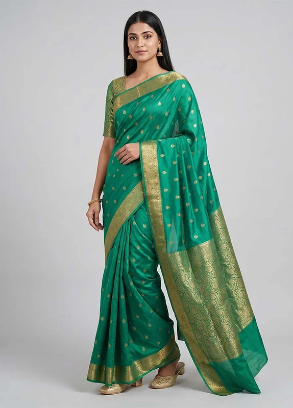 Green Kanjivaram Silk Saree With Blouse Piece One Size