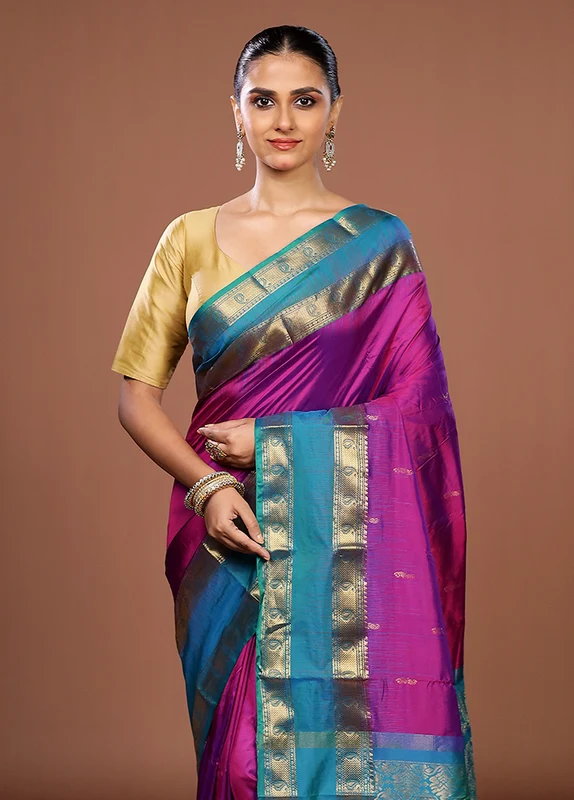 Purple Handloom Kanjivaram Pure Silk Saree With Blouse Piece One Size