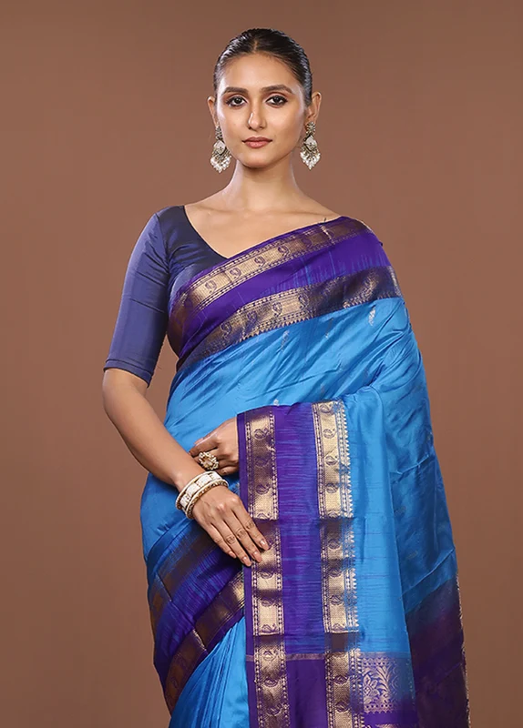Blue Handloom Kanjivaram Pure Silk Saree With Blouse Piece One Size