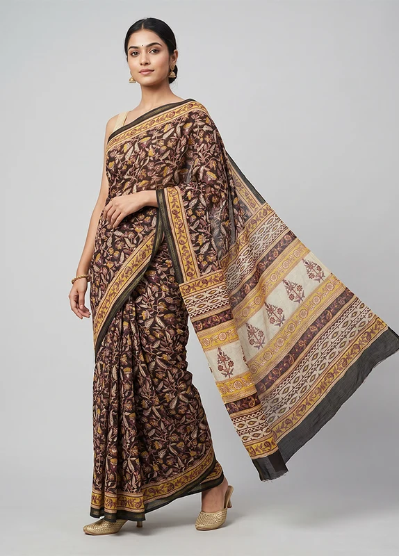 Black Chanderi Silk Saree With Blouse Piece One Size