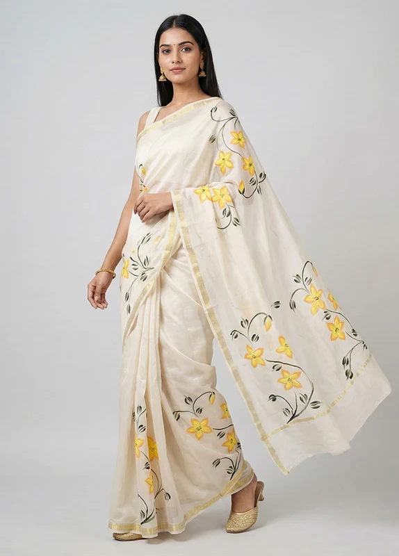 White Chanderi Silk Saree With Blouse Piece One Size