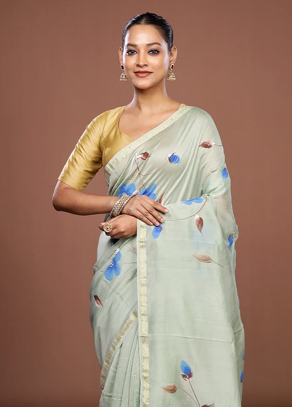 Green Chanderi Silk Saree With Blouse Piece One Size