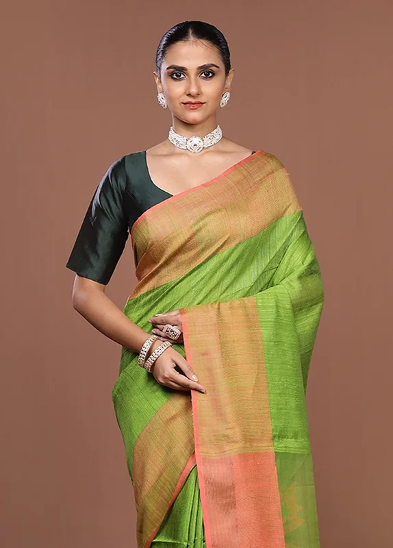 Green Handloom Matka Pure Silk Saree With Blouse Piece One Size