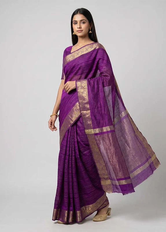 Purple Dupion Silk Saree With Blouse Piece One Size