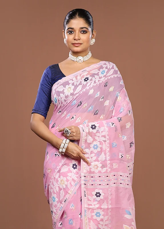 Pink Jamdani Cotton Saree Without Blouse Piece One Size