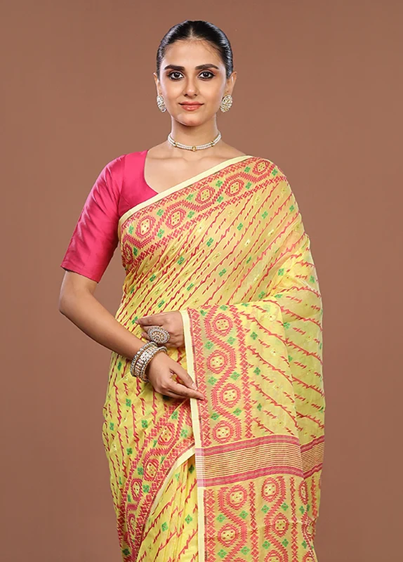 Yellow Jamdani Cotton Saree Without Blouse Piece One Size