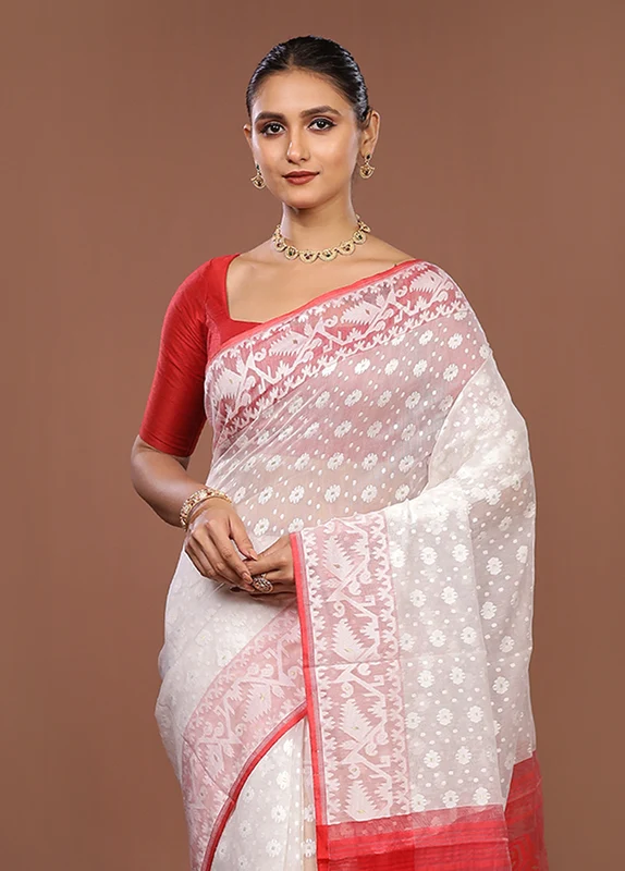 White Jamdani Cotton Saree Without Blouse Piece One Size