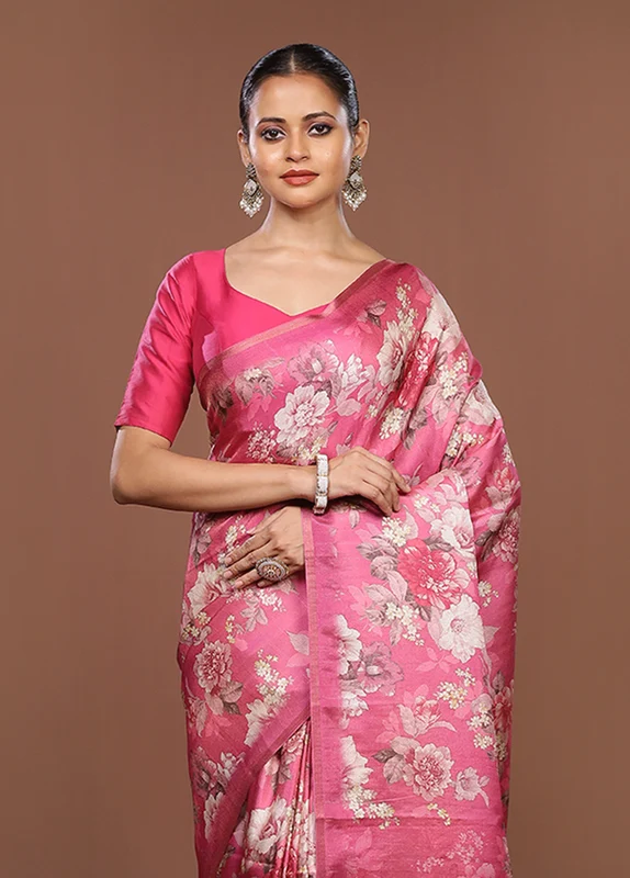 Pink Tussar Silk Saree With Blouse Piece One Size