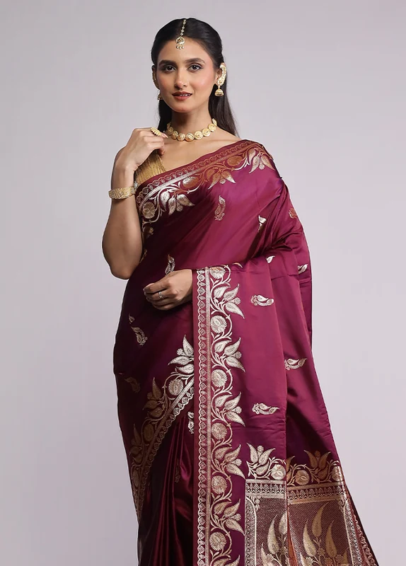 Purple Banarasi Silk Saree With Blouse Piece One Size