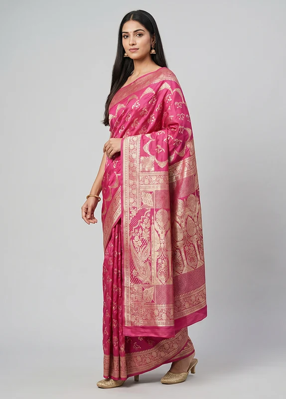 Pink Banarasi Silk Saree With Blouse Piece One Size