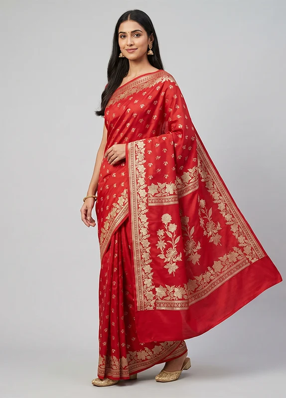 Red Banarasi Silk Saree With Blouse Piece One Size