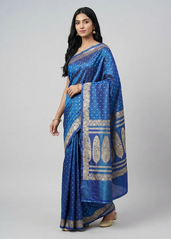 Blue Handloom Banarasi Pure Silk Saree With Blouse Piece One Size