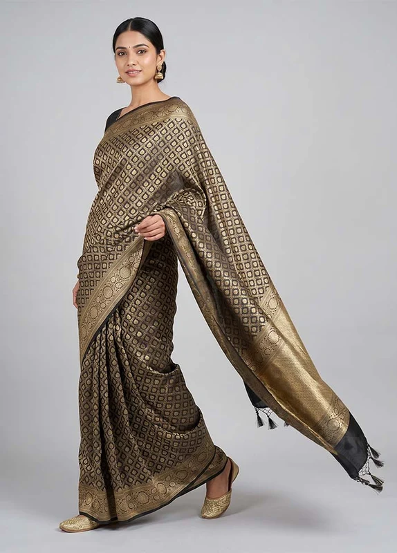 Black Dupion Silk Saree With Blouse Piece One Size