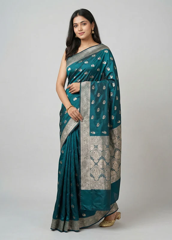 Blue Banarasi Silk Saree With Blouse Piece One Size