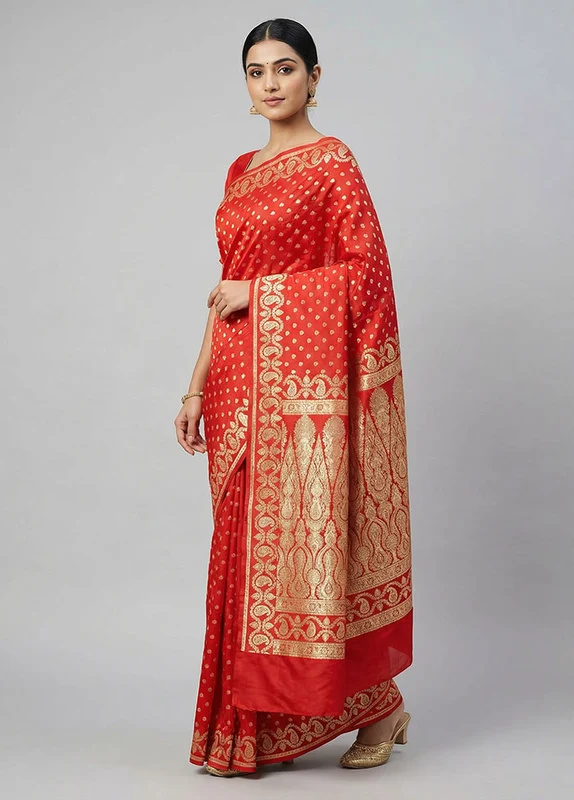 Orange Handloom Banarasi Pure Silk Saree With Blouse Piece One Size