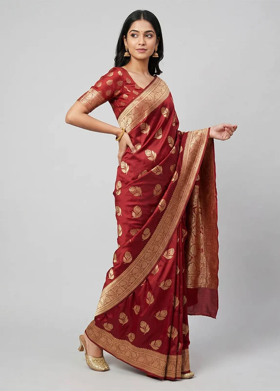 Maroon Banarasi Silk Saree With Blouse Piece One Size
