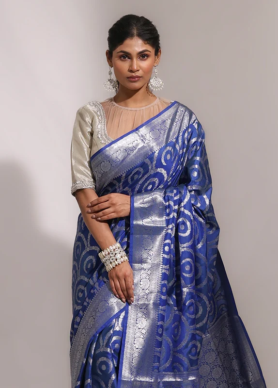 Blue Dupion Silk Saree With Blouse Piece One Size