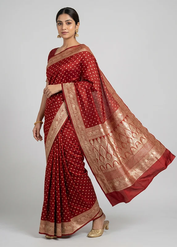 Rust Handloom Banarasi Pure Silk Saree With Blouse Piece One Size