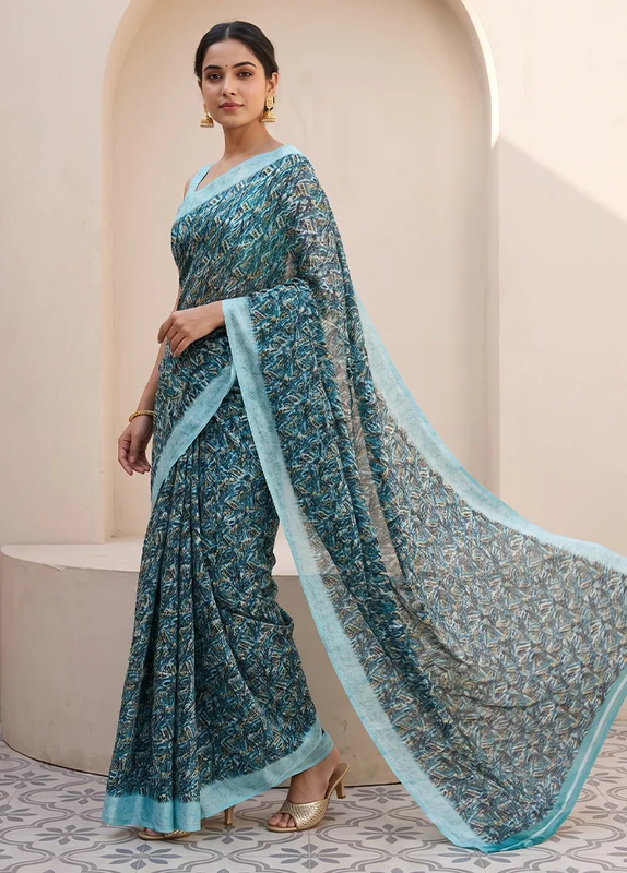 Blue Modal Silk Saree Without Blouse Piece One Size