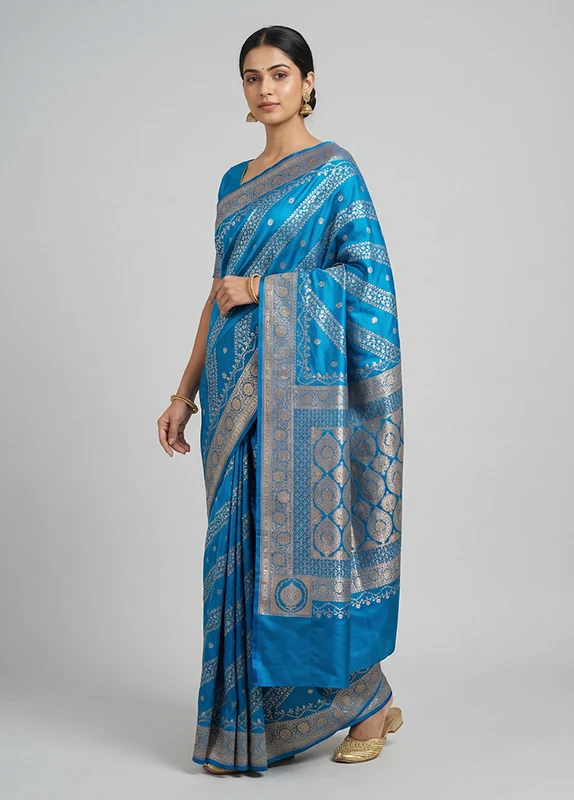 Blue Banarasi Silk Saree With Blouse Piece One Size