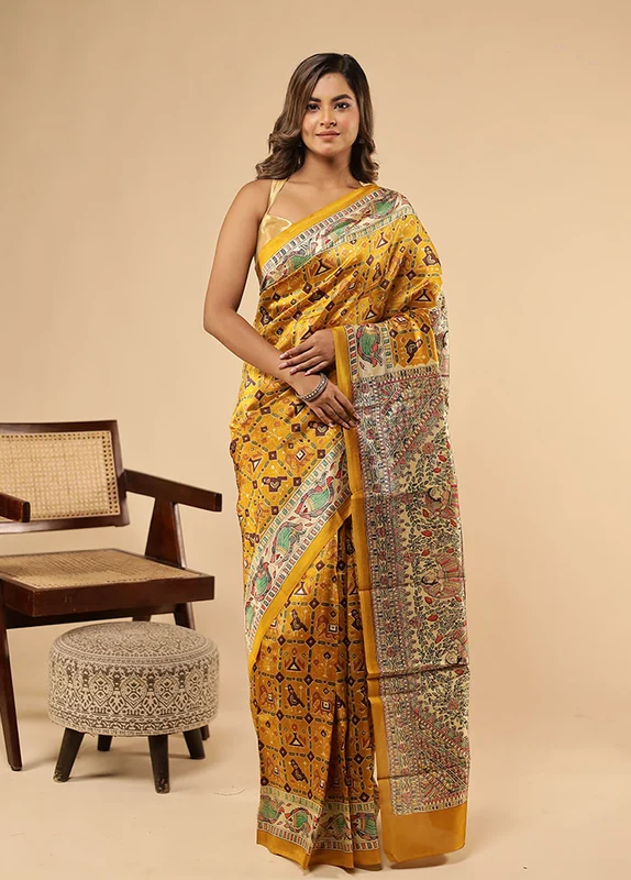 Yellow Printed Pure Silk Saree With Blouse Piece One Size