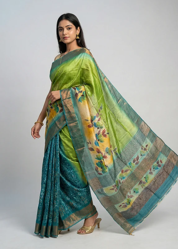 Blue Handloom Tussar Pure Silk Saree With Blouse Piece One Size