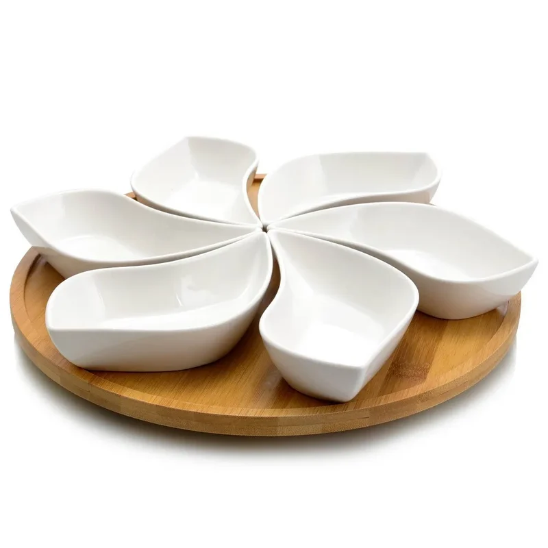 7pc Stoneware Beautiful Flower Party Serving Set White Open Box