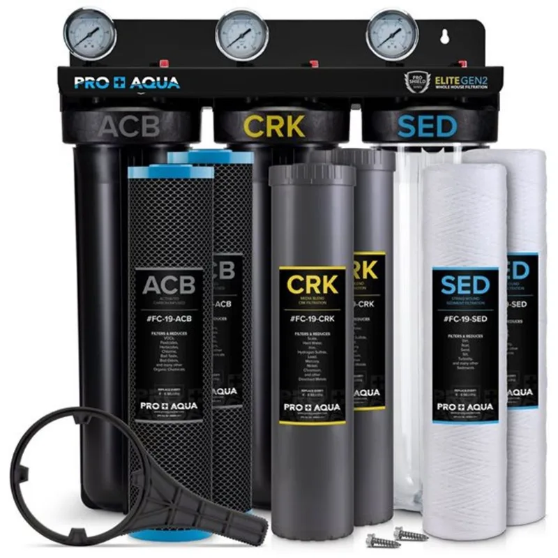 Pro+Aqua Elite Whole House 3-Stage Well Water Filtration System with Gauges, PR Button, 1-in Ports and Filter Set