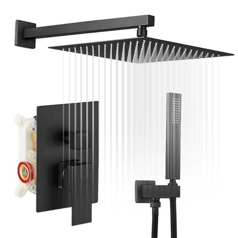 BWE Rainfall 2-Handle 2-Spray 12-in Square High Pressure Shower Faucet in Matte Black (Valve Included)