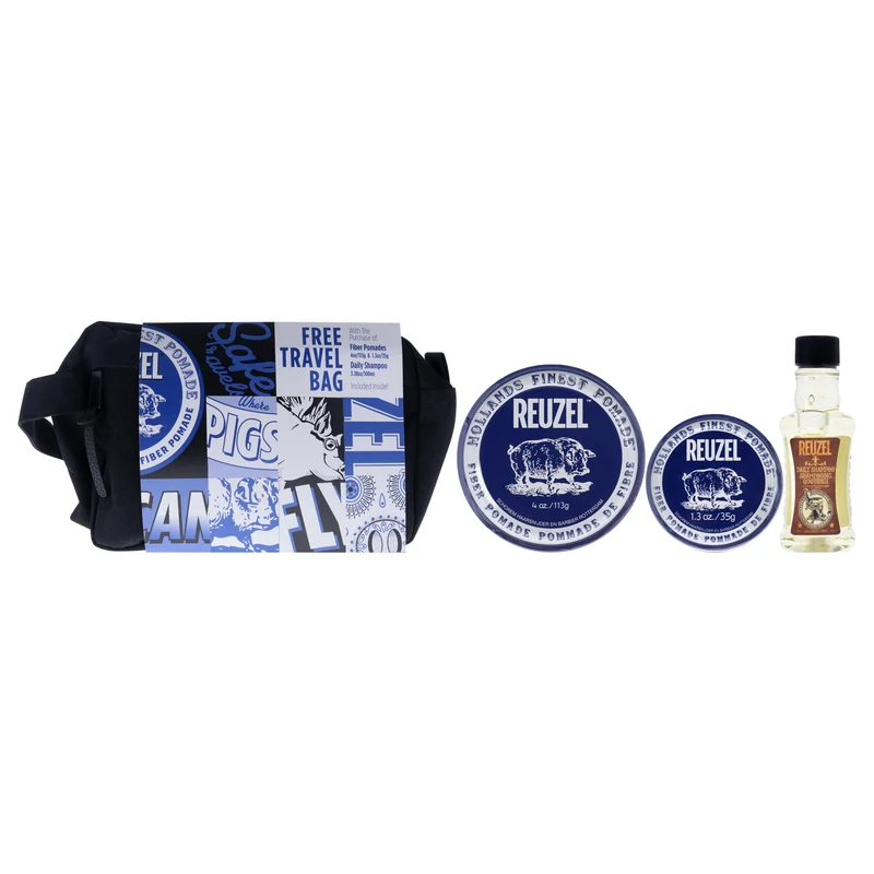 Reuzel Fiber Travel Bag Set by Reuzel for Men - 4 Pc 4oz Fiber Pomade, 1.3oz Fiber Pomade, 3.38oz Daily Shampoo, Pouch 3 Pc