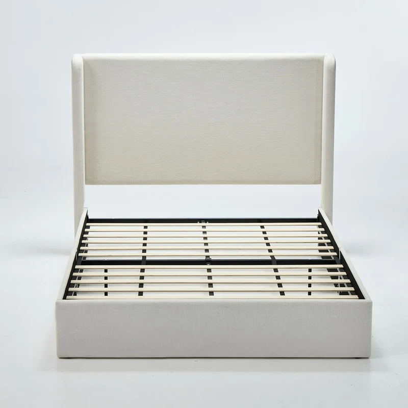 Carmen - Minimalist Upholstered Wingback Bed Frame With High Headboard Beige / King