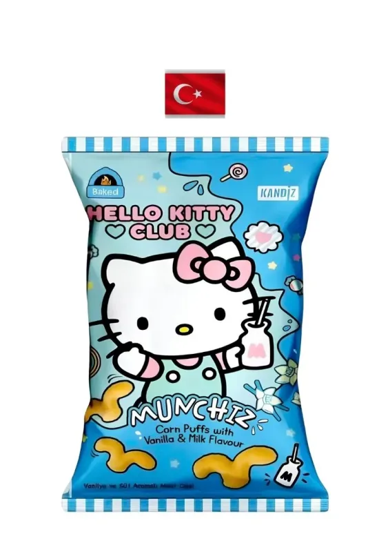 KANDIZ SALG MUNCHIZ BAUNILHA E CREME 40g HK - Salgadinho de milho com sabor baunilha e creme (Hello kitty). Origem: Turquia