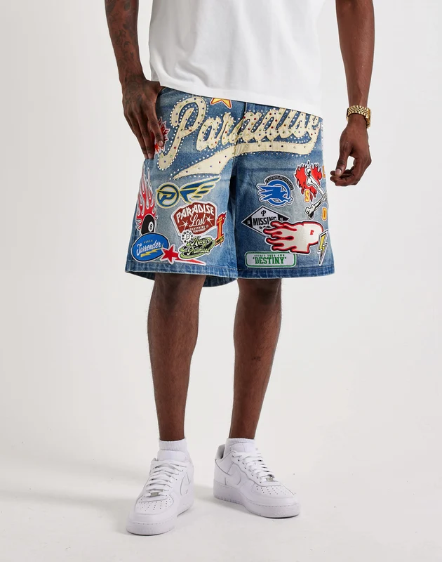Paradise Lost Allover Patches Denim Shorts 38